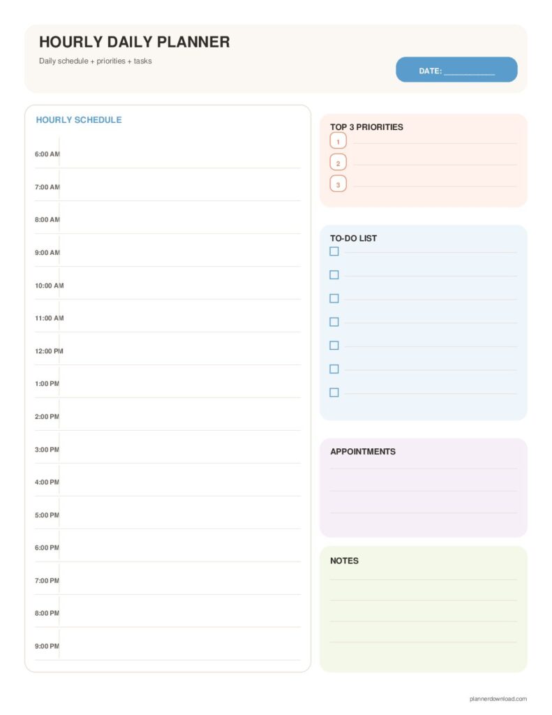 Hourly Daily Planner printable template preview