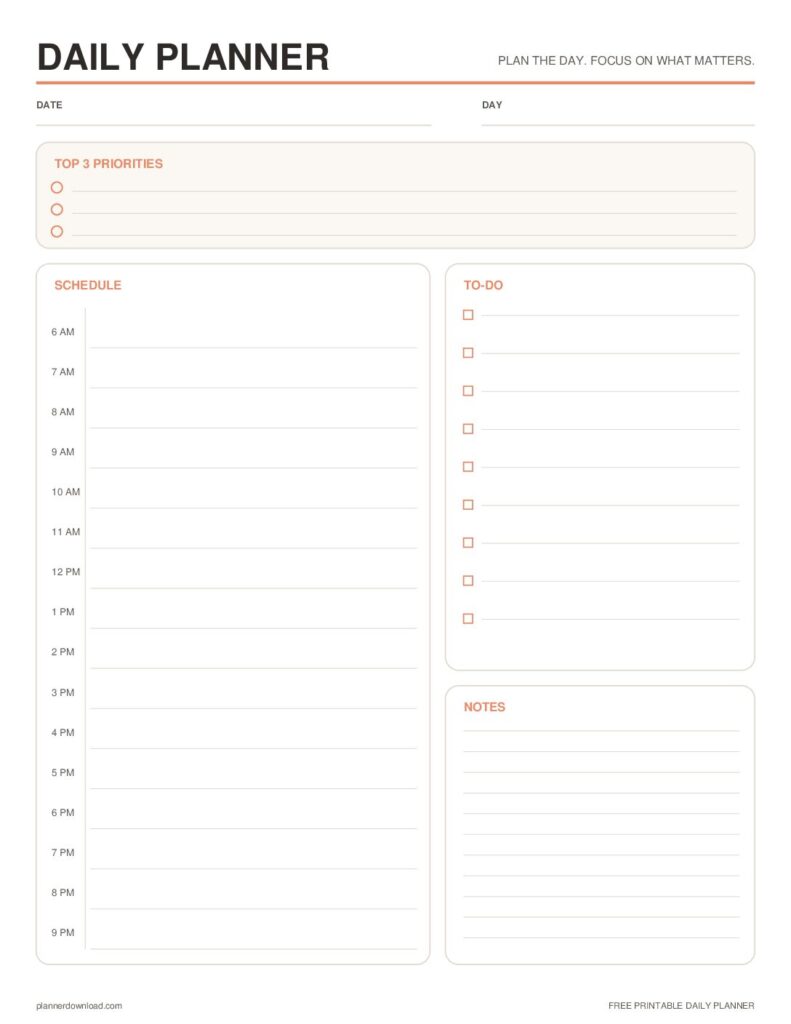 Simple Daily Planner printable template preview